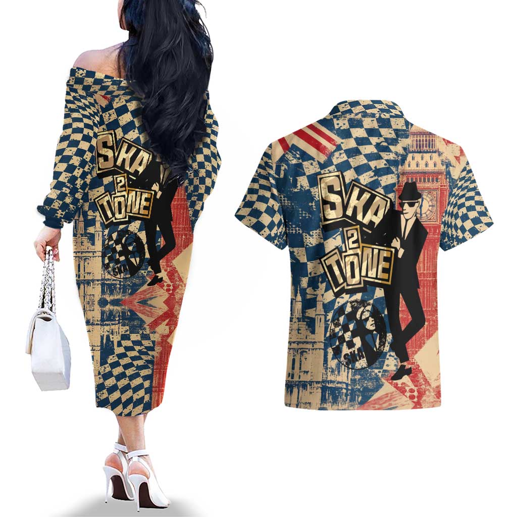 Ska 2 Tone Couples Matching Off The Shoulder Long Sleeve Dress and Hawaiian Shirt Big Ben Dance Two Tone Blue Checkerboard - Wonder Print Shop