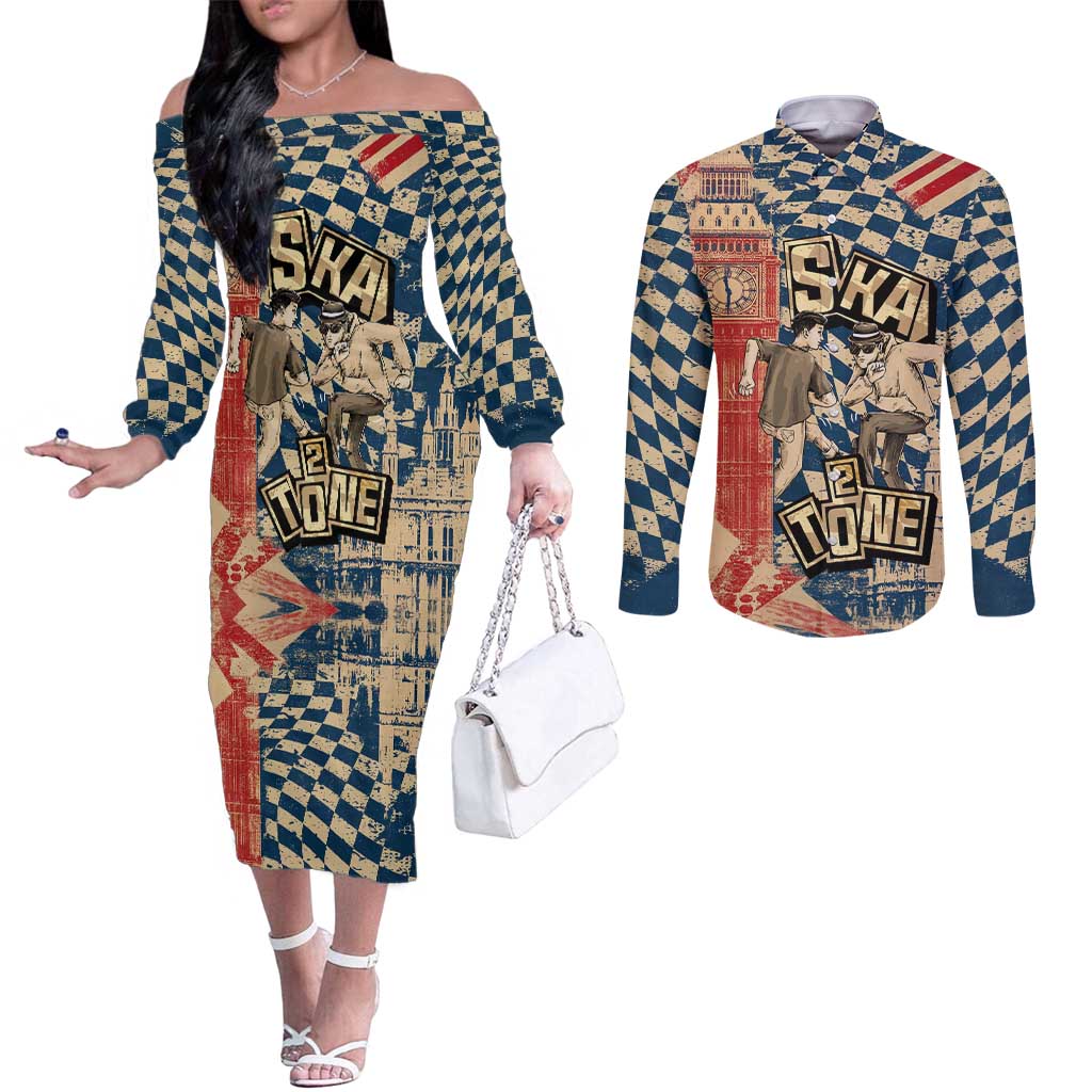 Ska 2 Tone Couples Matching Off The Shoulder Long Sleeve Dress and Long Sleeve Button Shirt Big Ben Dance Two Tone Blue Checkerboard - Wonder Print Shop