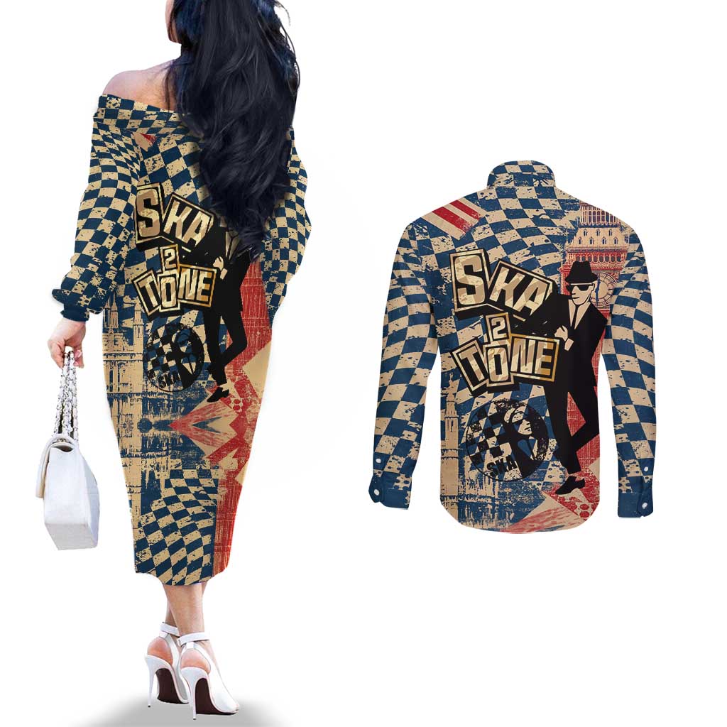 Ska 2 Tone Couples Matching Off The Shoulder Long Sleeve Dress and Long Sleeve Button Shirt Big Ben Dance Two Tone Blue Checkerboard - Wonder Print Shop