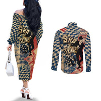 Ska 2 Tone Couples Matching Off The Shoulder Long Sleeve Dress and Long Sleeve Button Shirt Big Ben Dance Two Tone Blue Checkerboard - Wonder Print Shop
