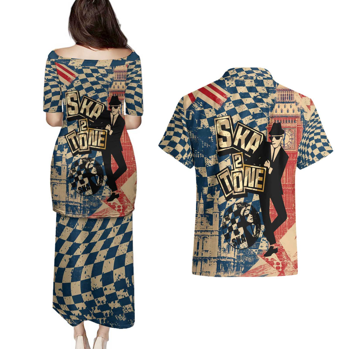 Ska 2 Tone Couples Matching Puletasi and Hawaiian Shirt Big Ben Dance Two Tone Blue Checkerboard - Wonder Print Shop