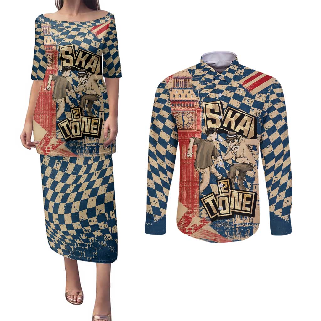 Ska 2 Tone Couples Matching Puletasi and Long Sleeve Button Shirt Big Ben Dance Two Tone Blue Checkerboard - Wonder Print Shop