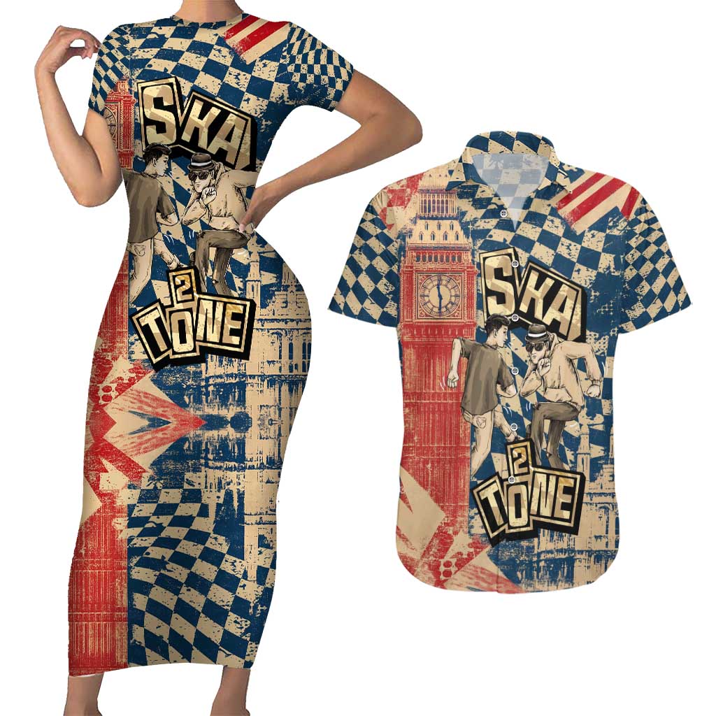Ska 2 Tone Couples Matching Short Sleeve Bodycon Dress and Hawaiian Shirt Big Ben Dance Two Tone Blue Checkerboard - Wonder Print Shop