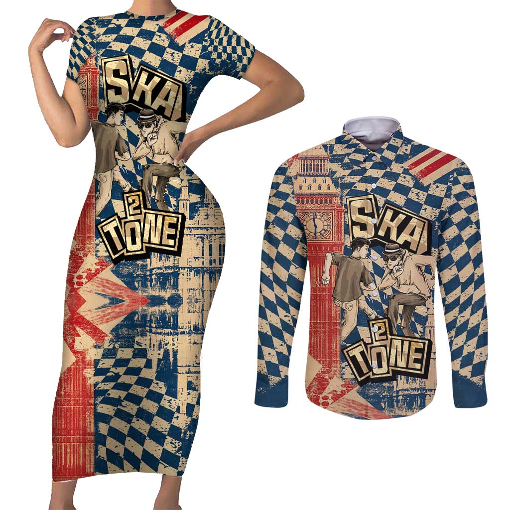 Ska 2 Tone Couples Matching Short Sleeve Bodycon Dress and Long Sleeve Button Shirt Big Ben Dance Two Tone Blue Checkerboard - Wonder Print Shop