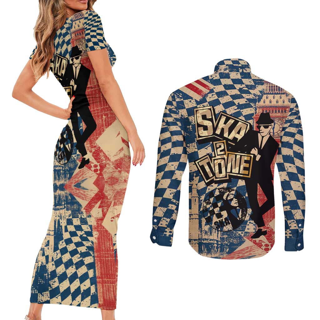 Ska 2 Tone Couples Matching Short Sleeve Bodycon Dress and Long Sleeve Button Shirt Big Ben Dance Two Tone Blue Checkerboard - Wonder Print Shop