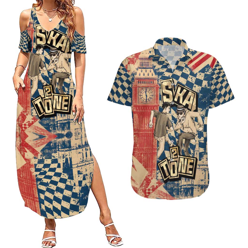 Ska 2 Tone Couples Matching Summer Maxi Dress and Hawaiian Shirt Big Ben Dance Two Tone Blue Checkerboard - Wonder Print Shop