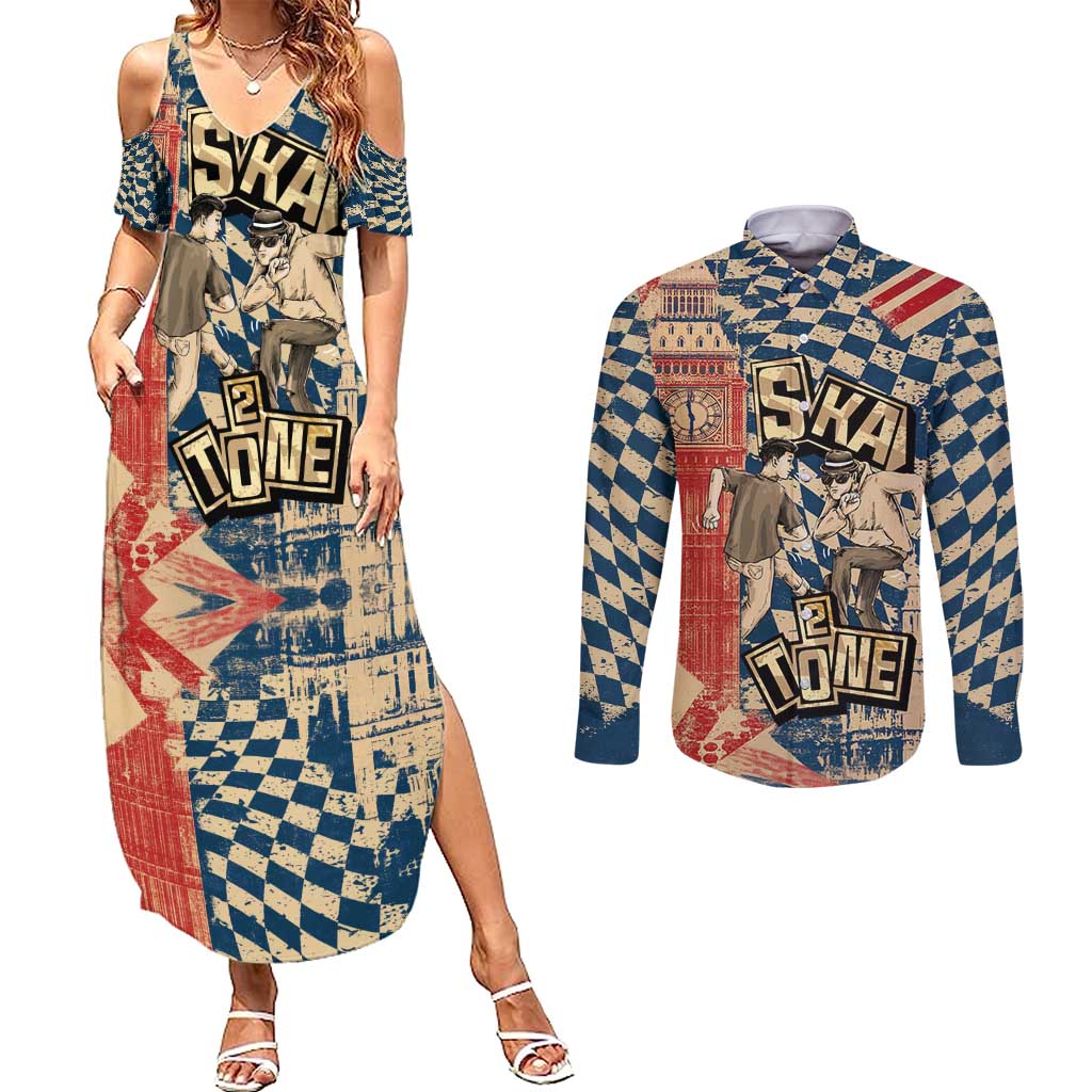 Ska 2 Tone Couples Matching Summer Maxi Dress and Long Sleeve Button Shirt Big Ben Dance Two Tone Blue Checkerboard - Wonder Print Shop