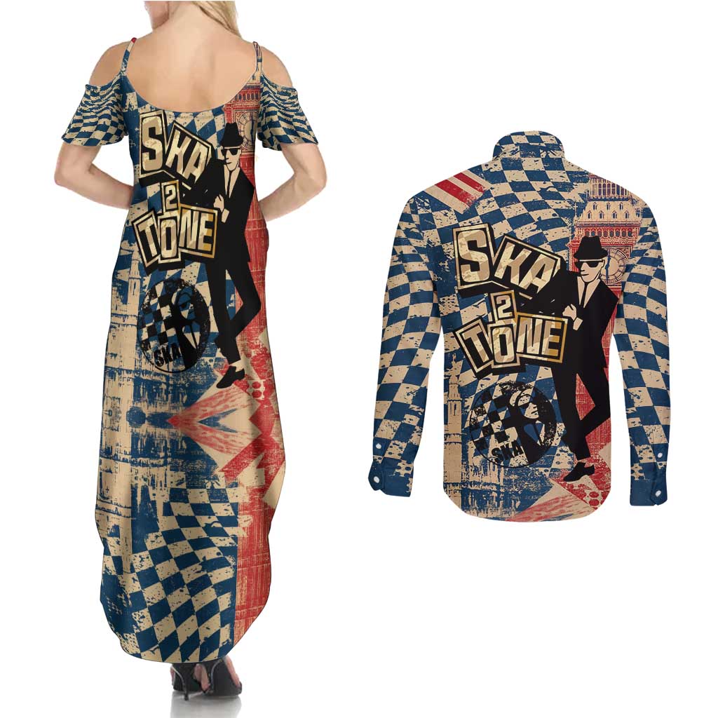 Ska 2 Tone Couples Matching Summer Maxi Dress and Long Sleeve Button Shirt Big Ben Dance Two Tone Blue Checkerboard - Wonder Print Shop