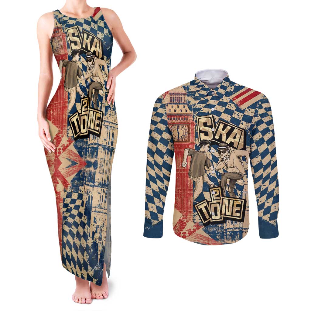 Ska 2 Tone Couples Matching Tank Maxi Dress and Long Sleeve Button Shirt Big Ben Dance Two Tone Blue Checkerboard - Wonder Print Shop