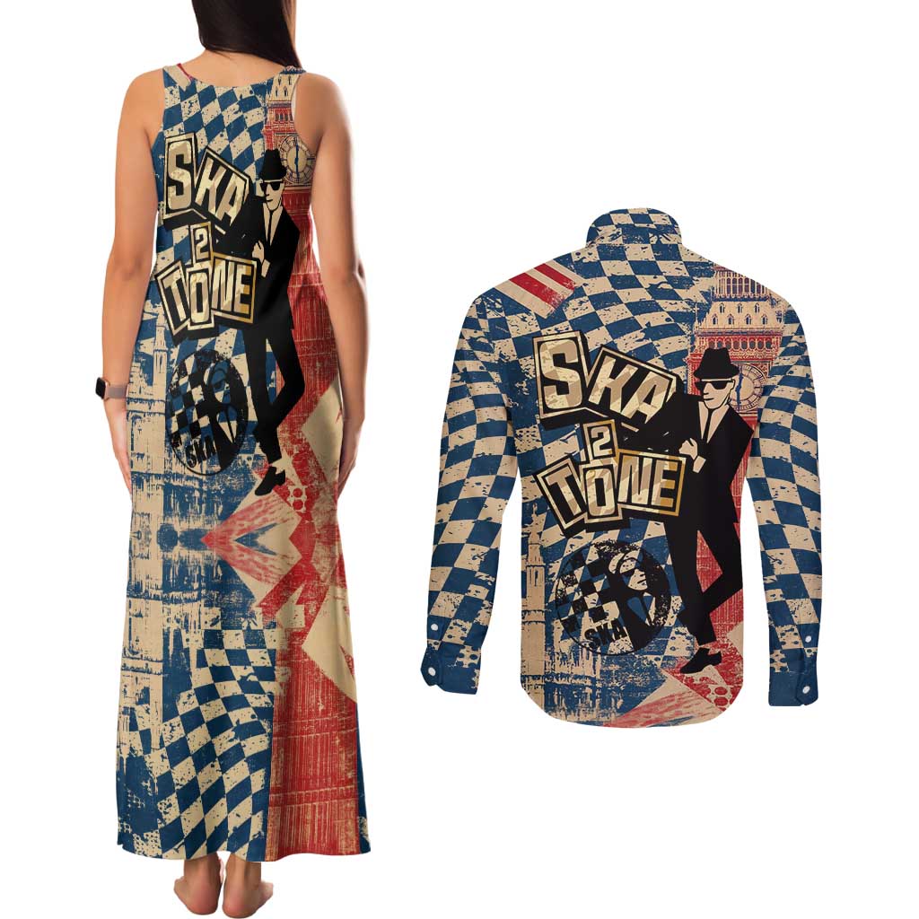 Ska 2 Tone Couples Matching Tank Maxi Dress and Long Sleeve Button Shirt Big Ben Dance Two Tone Blue Checkerboard - Wonder Print Shop