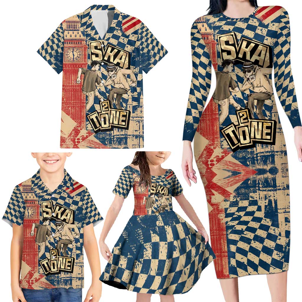 Ska 2 Tone Family Matching Long Sleeve Bodycon Dress and Hawaiian Shirt Big Ben Dance Two Tone Blue Checkerboard - Wonder Print Shop