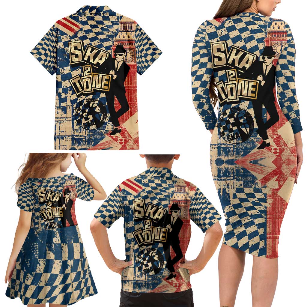 Ska 2 Tone Family Matching Long Sleeve Bodycon Dress and Hawaiian Shirt Big Ben Dance Two Tone Blue Checkerboard - Wonder Print Shop