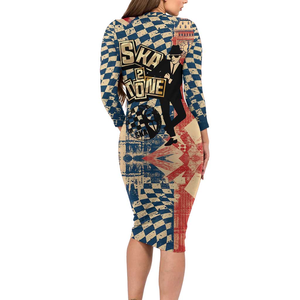 Ska 2 Tone Family Matching Long Sleeve Bodycon Dress and Hawaiian Shirt Big Ben Dance Two Tone Blue Checkerboard - Wonder Print Shop