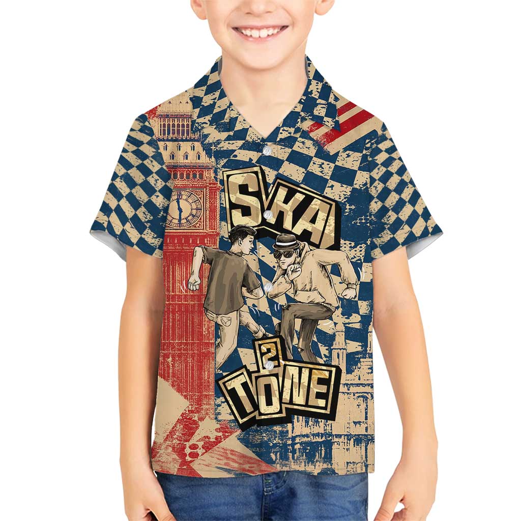 Ska 2 Tone Family Matching Long Sleeve Bodycon Dress and Hawaiian Shirt Big Ben Dance Two Tone Blue Checkerboard - Wonder Print Shop