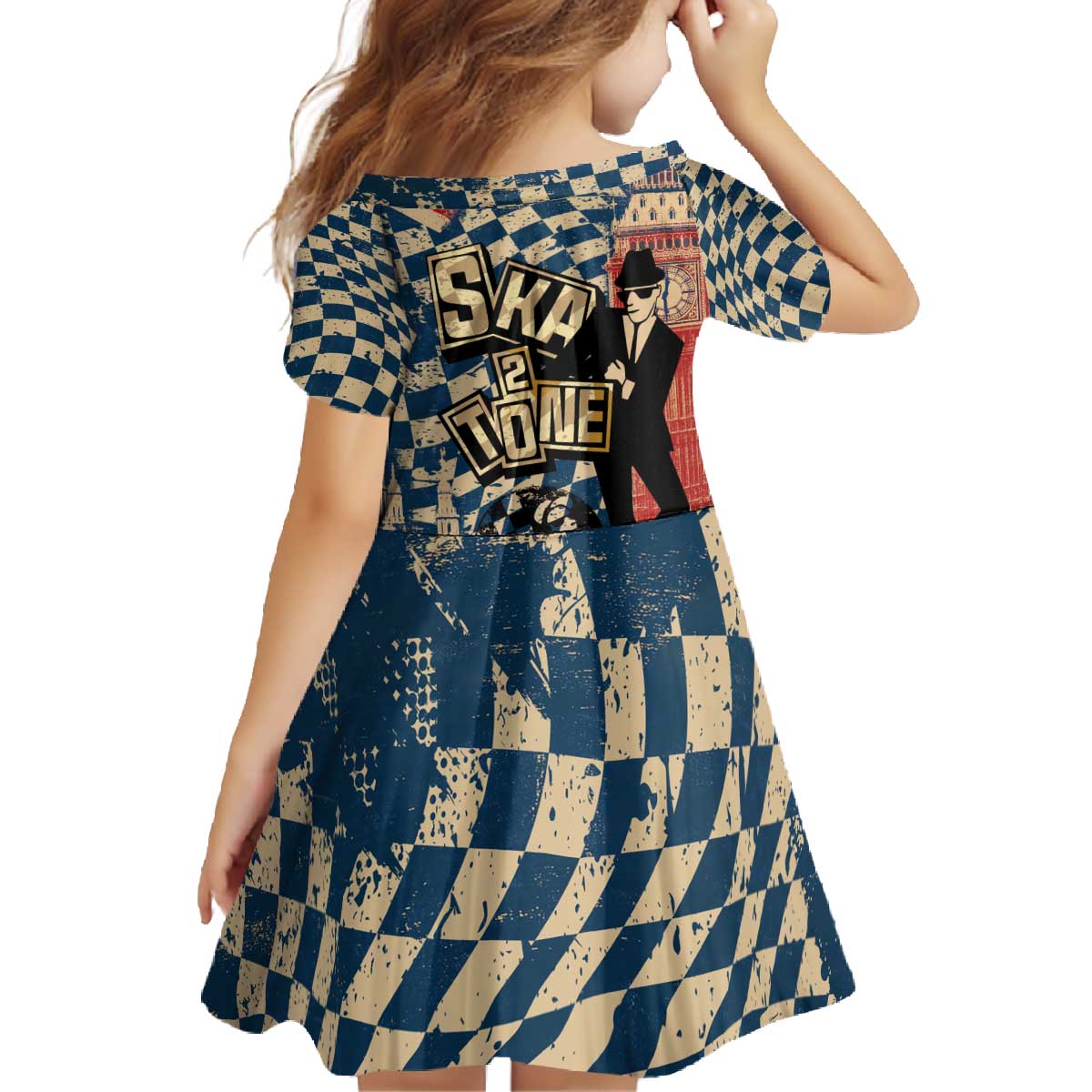 Ska 2 Tone Family Matching Off The Shoulder Long Sleeve Dress and Hawaiian Shirt Big Ben Dance Two Tone Blue Checkerboard - Wonder Print Shop