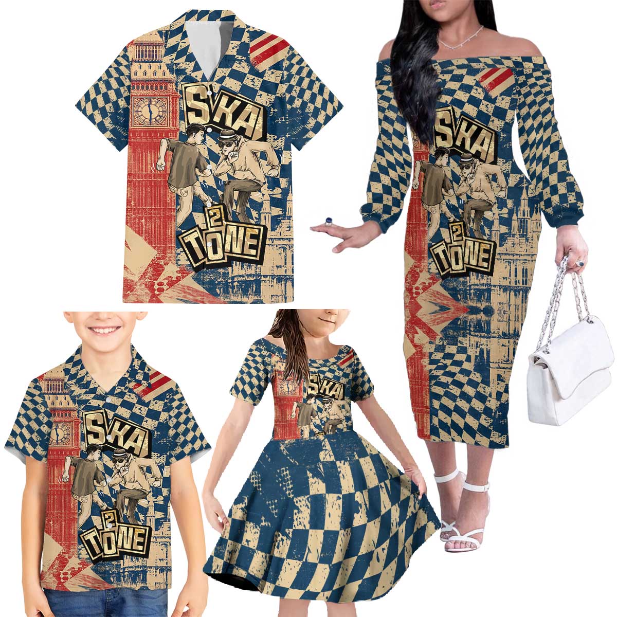 Ska 2 Tone Family Matching Off The Shoulder Long Sleeve Dress and Hawaiian Shirt Big Ben Dance Two Tone Blue Checkerboard - Wonder Print Shop