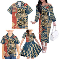 Ska 2 Tone Family Matching Off The Shoulder Long Sleeve Dress and Hawaiian Shirt Big Ben Dance Two Tone Blue Checkerboard - Wonder Print Shop