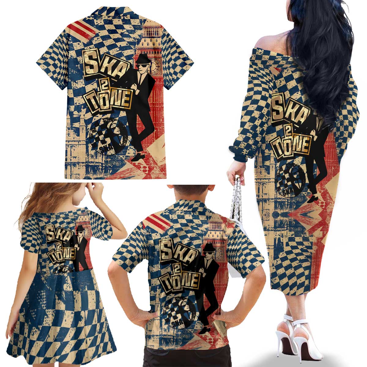 Ska 2 Tone Family Matching Off The Shoulder Long Sleeve Dress and Hawaiian Shirt Big Ben Dance Two Tone Blue Checkerboard - Wonder Print Shop