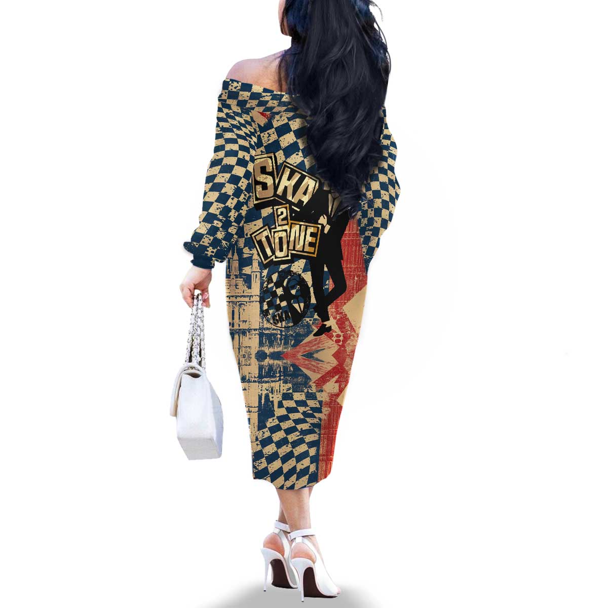 Ska 2 Tone Family Matching Off The Shoulder Long Sleeve Dress and Hawaiian Shirt Big Ben Dance Two Tone Blue Checkerboard - Wonder Print Shop