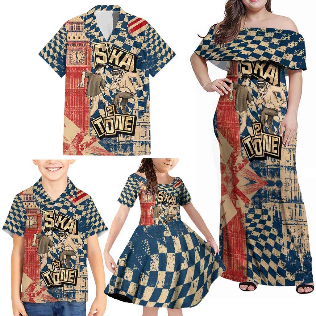 Ska 2 Tone Family Matching Off Shoulder Maxi Dress and Hawaiian Shirt Big Ben Dance Two Tone Blue Checkerboard - Wonder Print Shop