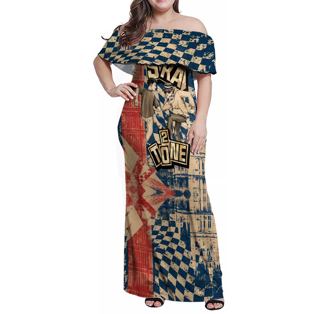 Ska 2 Tone Family Matching Off Shoulder Maxi Dress and Hawaiian Shirt Big Ben Dance Two Tone Blue Checkerboard - Wonder Print Shop
