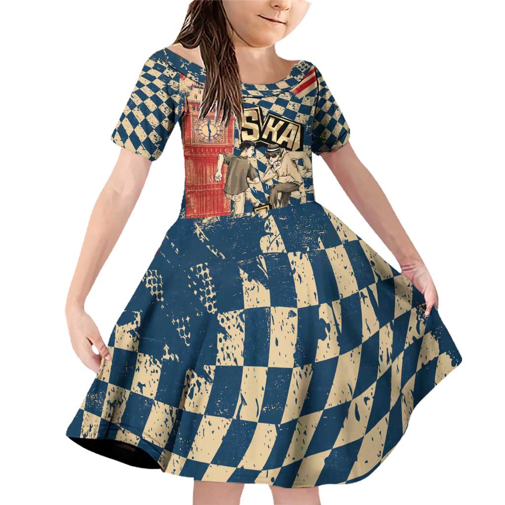 Ska 2 Tone Family Matching Off Shoulder Short Dress and Hawaiian Shirt Big Ben Dance Two Tone Blue Checkerboard - Wonder Print Shop