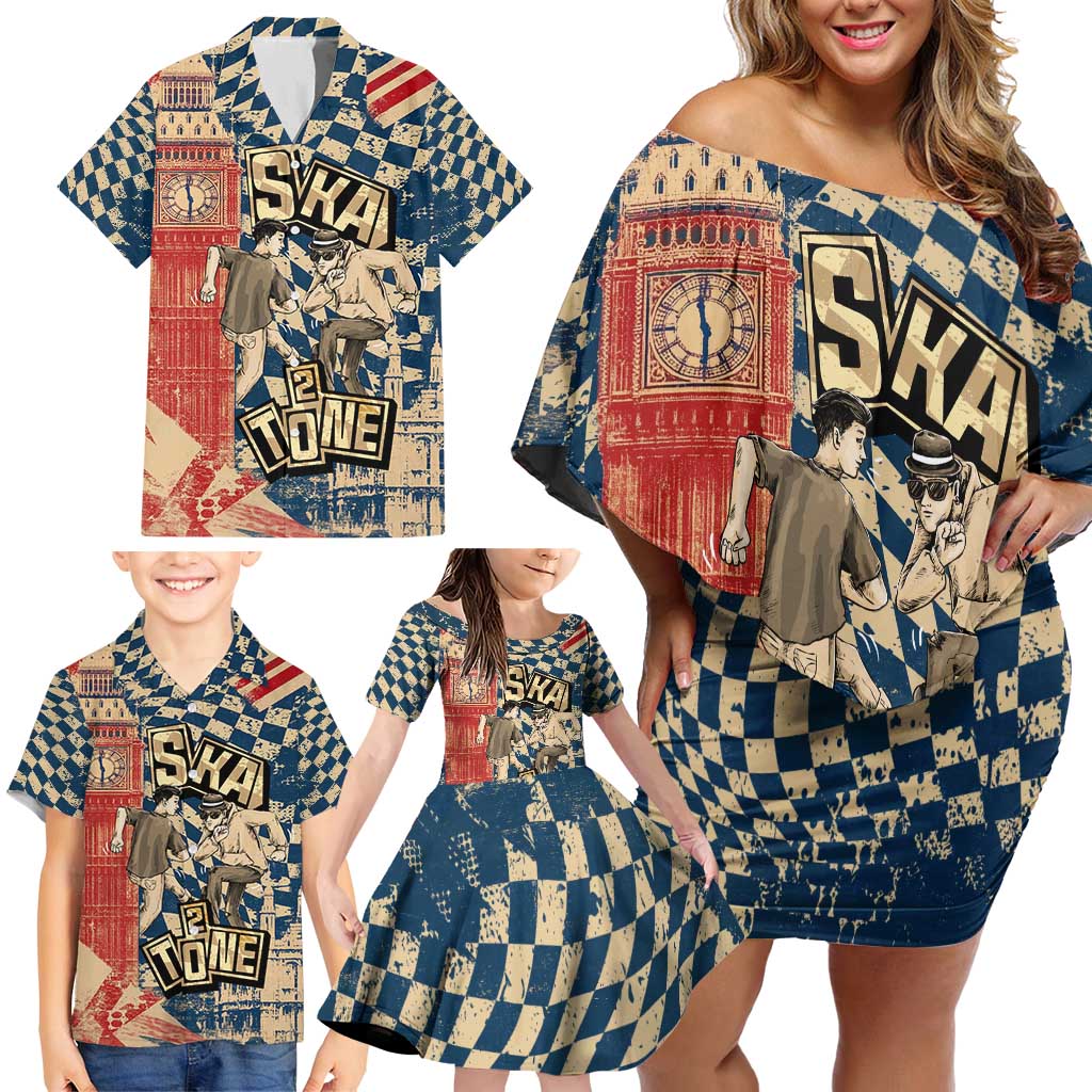 Ska 2 Tone Family Matching Off Shoulder Short Dress and Hawaiian Shirt Big Ben Dance Two Tone Blue Checkerboard - Wonder Print Shop