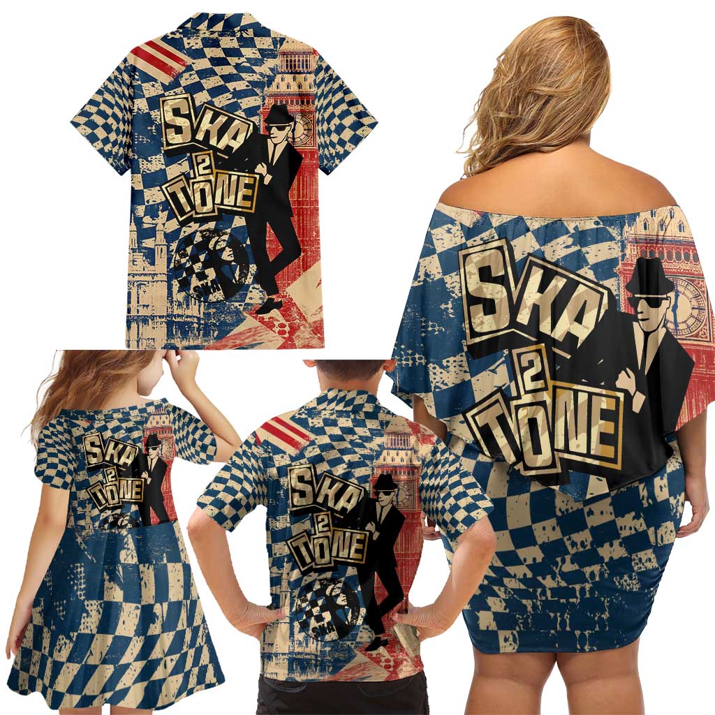 Ska 2 Tone Family Matching Off Shoulder Short Dress and Hawaiian Shirt Big Ben Dance Two Tone Blue Checkerboard - Wonder Print Shop