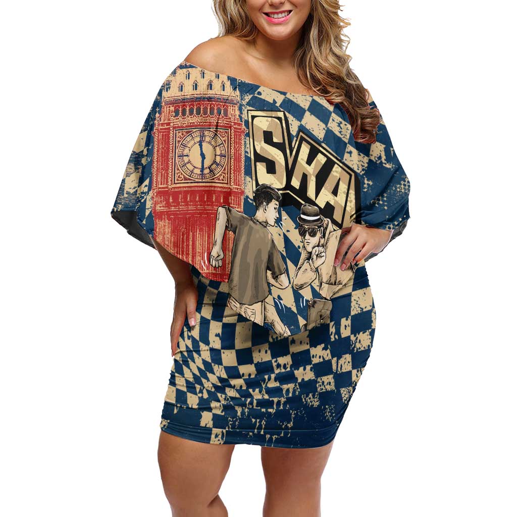 Ska 2 Tone Family Matching Off Shoulder Short Dress and Hawaiian Shirt Big Ben Dance Two Tone Blue Checkerboard - Wonder Print Shop