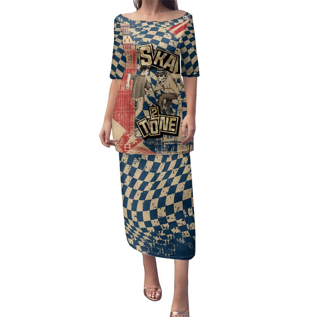 Ska 2 Tone Family Matching Puletasi and Hawaiian Shirt Big Ben Dance Two Tone Blue Checkerboard - Wonder Print Shop