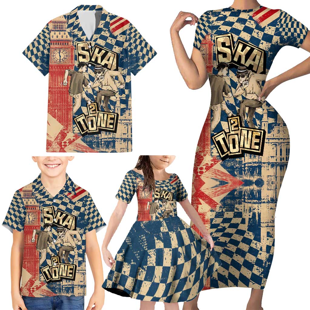 Ska 2 Tone Family Matching Short Sleeve Bodycon Dress and Hawaiian Shirt Big Ben Dance Two Tone Blue Checkerboard - Wonder Print Shop