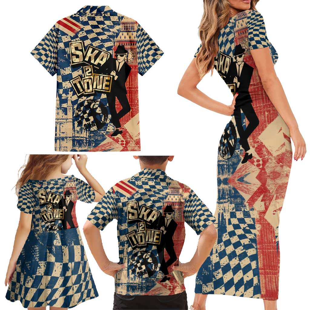 Ska 2 Tone Family Matching Short Sleeve Bodycon Dress and Hawaiian Shirt Big Ben Dance Two Tone Blue Checkerboard - Wonder Print Shop
