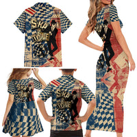 Ska 2 Tone Family Matching Short Sleeve Bodycon Dress and Hawaiian Shirt Big Ben Dance Two Tone Blue Checkerboard - Wonder Print Shop