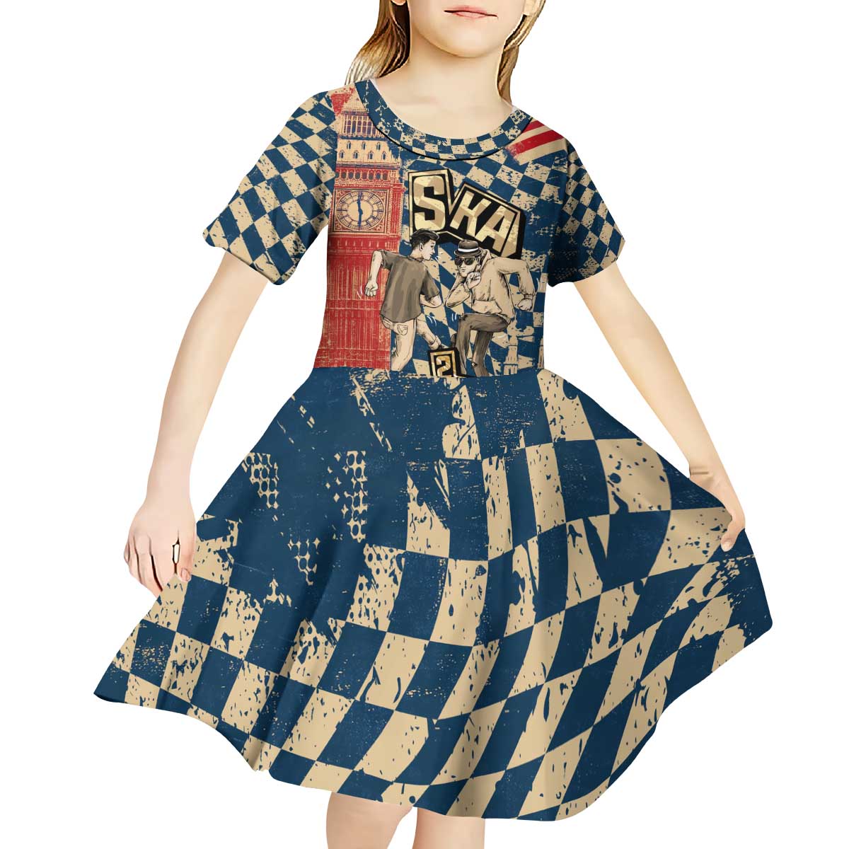 Ska 2 Tone Kid Short Sleeve Dress Big Ben Dance Two Tone Blue Checkerboard - Wonder Print Shop