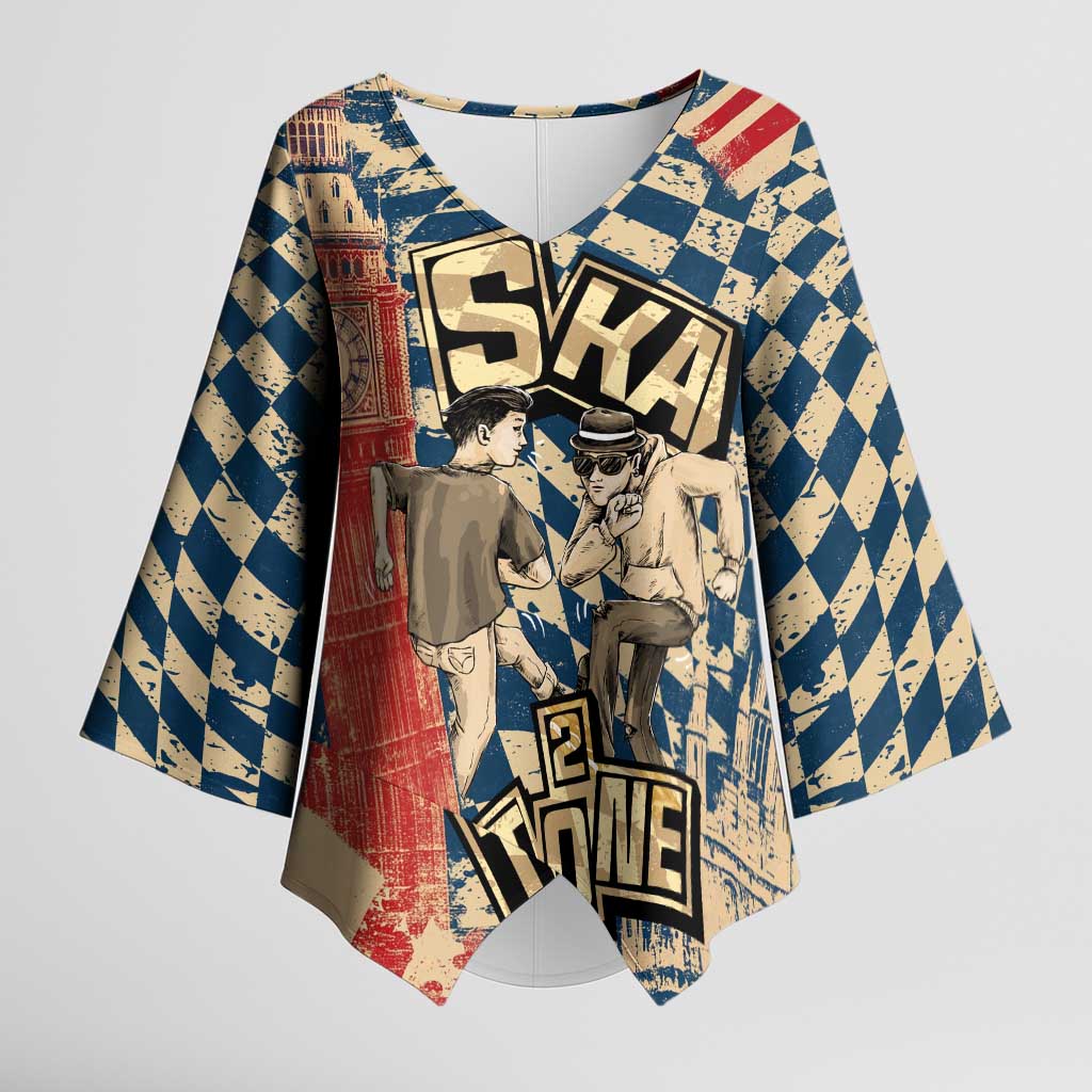 Ska 2 Tone Kimono Sleeve Blouse Big Ben Dance Two Tone Blue Checkerboard - Wonder Print Shop