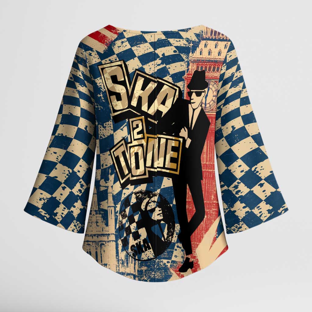 Ska 2 Tone Kimono Sleeve Blouse Big Ben Dance Two Tone Blue Checkerboard - Wonder Print Shop