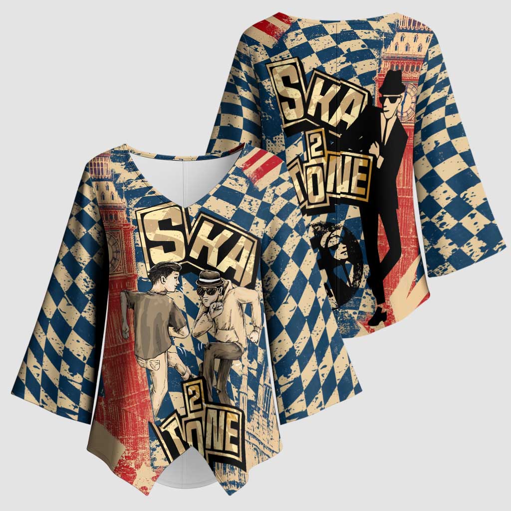 Ska 2 Tone Kimono Sleeve Blouse Big Ben Dance Two Tone Blue Checkerboard - Wonder Print Shop
