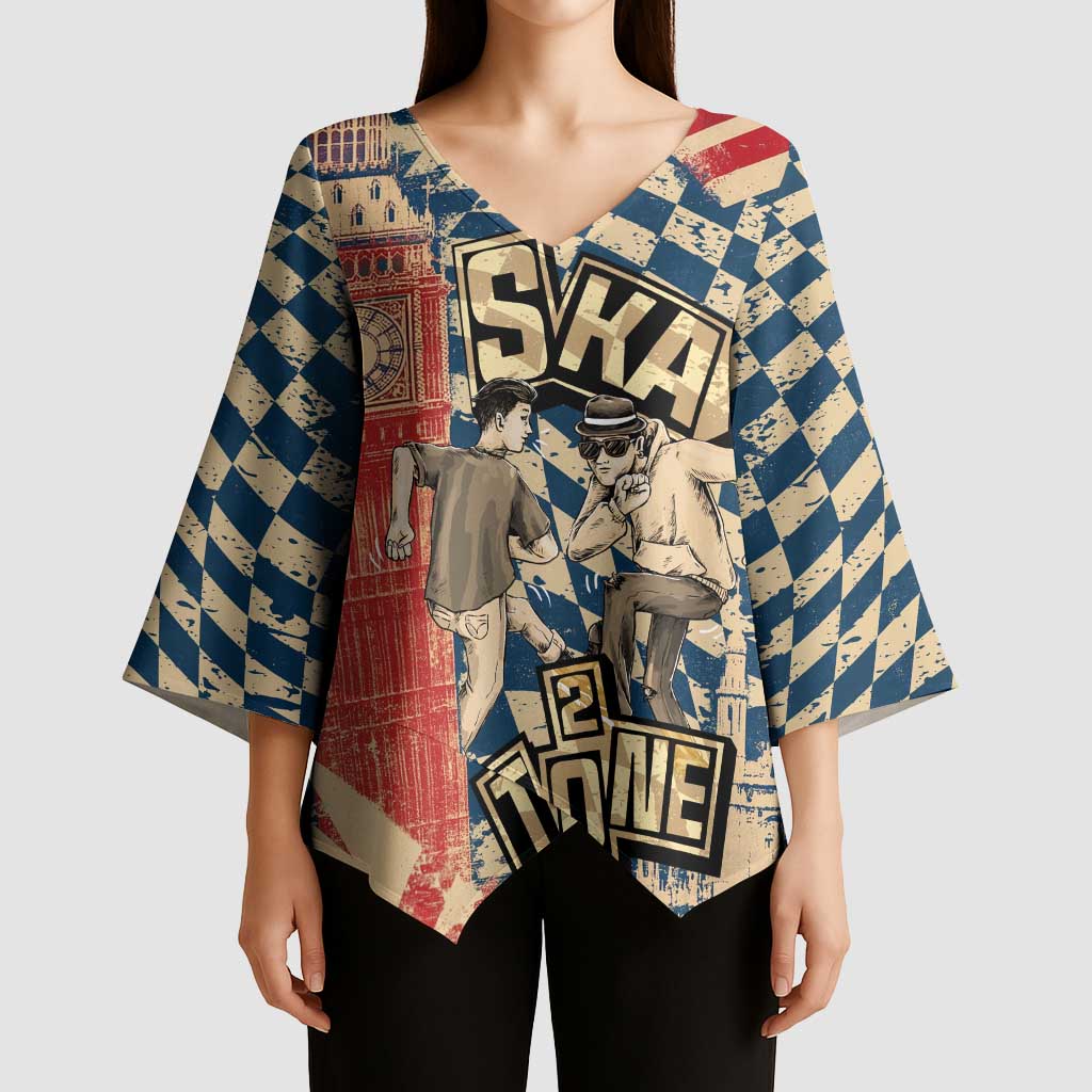 Ska 2 Tone Kimono Sleeve Blouse Big Ben Dance Two Tone Blue Checkerboard - Wonder Print Shop