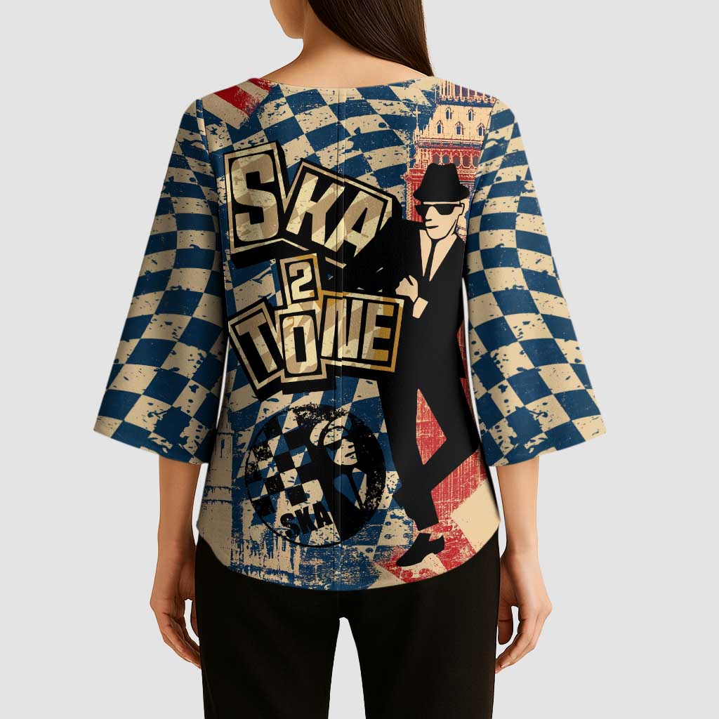 Ska 2 Tone Kimono Sleeve Blouse Big Ben Dance Two Tone Blue Checkerboard - Wonder Print Shop