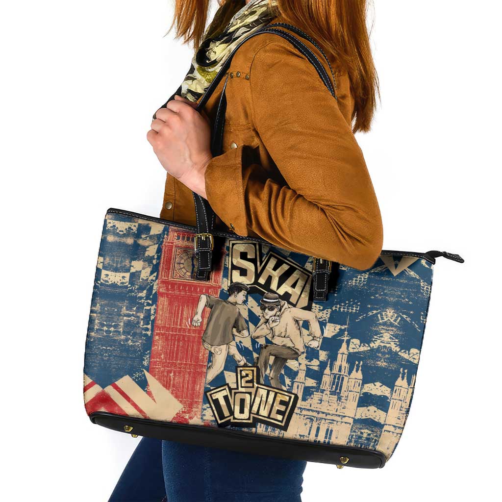 Ska 2 Tone Leather Tote Bag Big Ben Dance Two Tone Blue Checkerboard - Wonder Print Shop