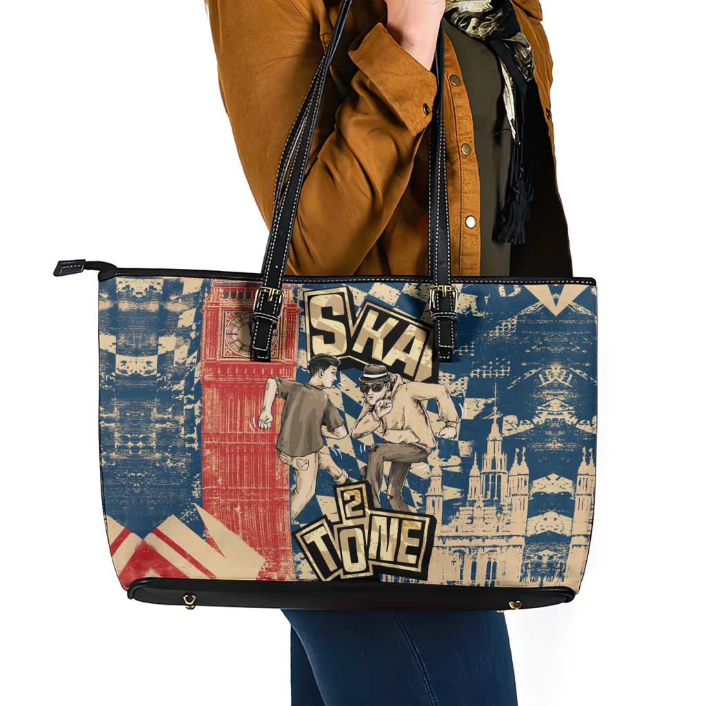 Ska 2 Tone Leather Tote Bag Big Ben Dance Two Tone Blue Checkerboard - Wonder Print Shop
