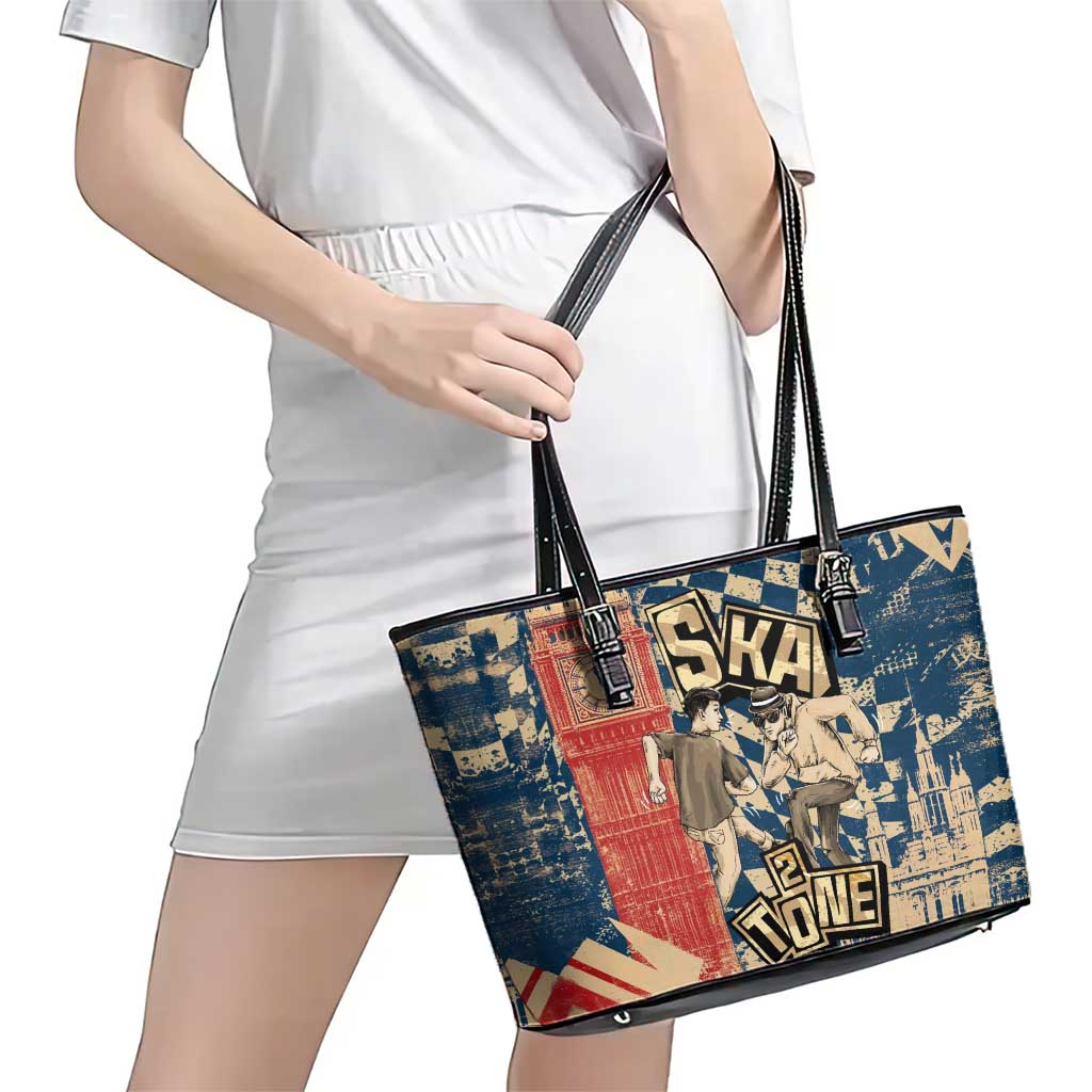 Ska 2 Tone Leather Tote Bag Big Ben Dance Two Tone Blue Checkerboard - Wonder Print Shop