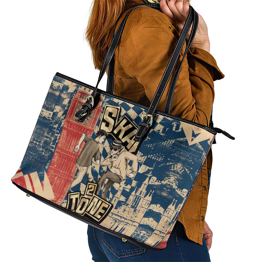 Ska 2 Tone Leather Tote Bag Big Ben Dance Two Tone Blue Checkerboard - Wonder Print Shop