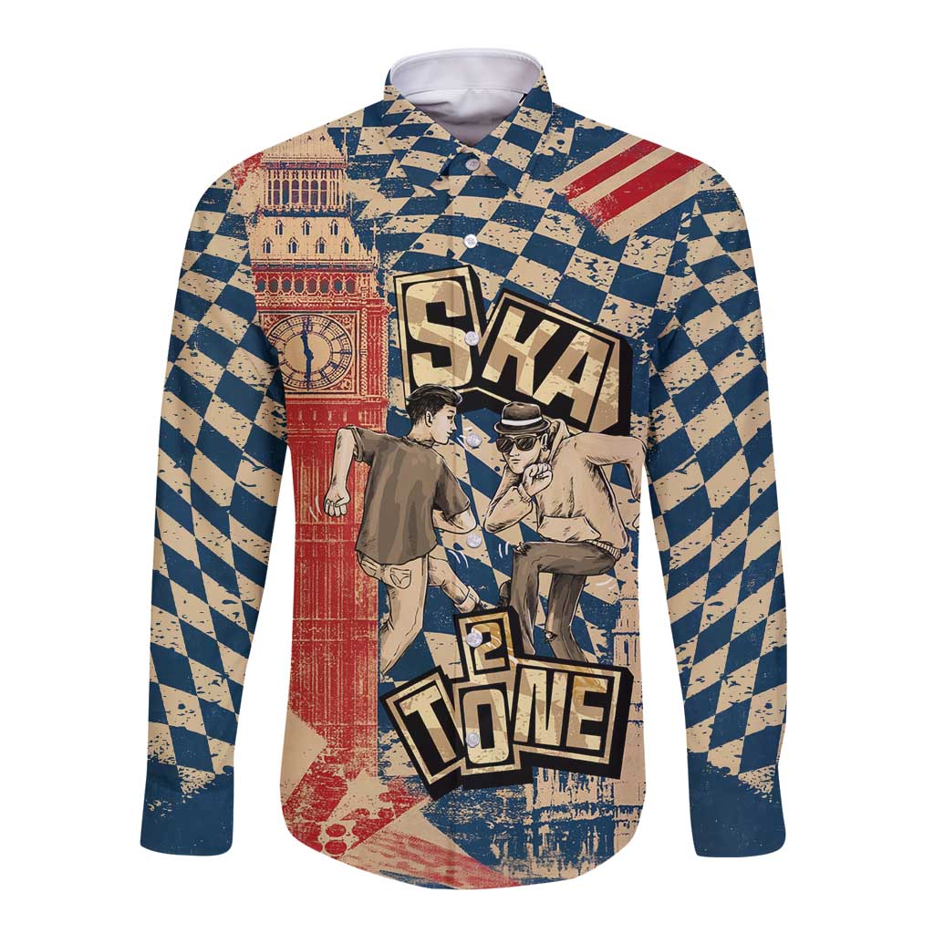 Ska 2 Tone Long Sleeve Button Shirt Big Ben Dance Two Tone Blue Checkerboard - Wonder Print Shop