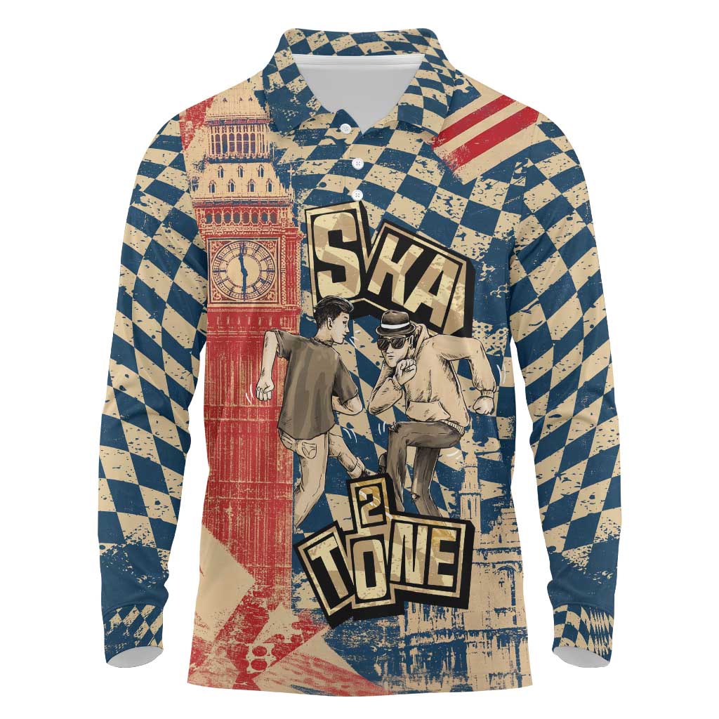 Ska 2 Tone Long Sleeve Polo Shirt Big Ben Dance Two Tone Blue Checkerboard - Wonder Print Shop