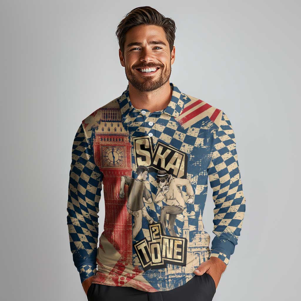 Ska 2 Tone Long Sleeve Polo Shirt Big Ben Dance Two Tone Blue Checkerboard - Wonder Print Shop