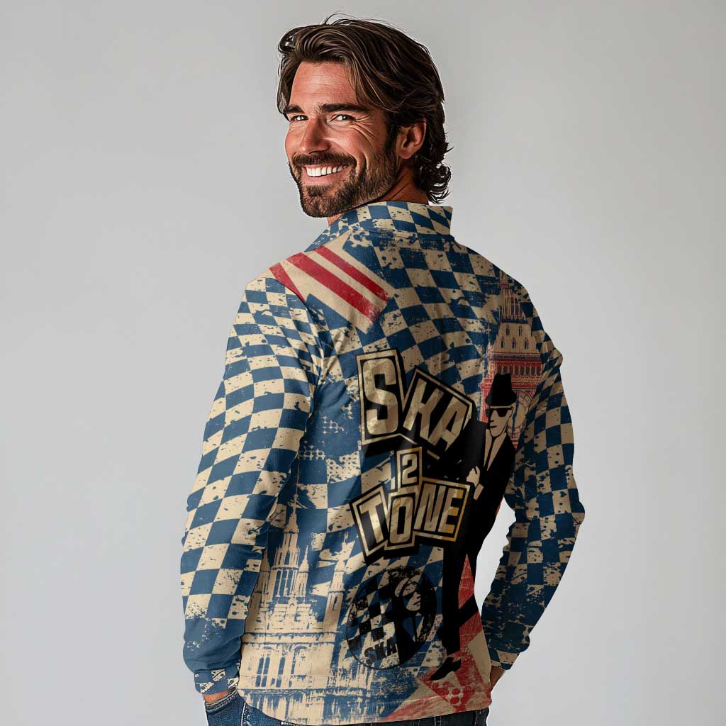 Ska 2 Tone Long Sleeve Polo Shirt Big Ben Dance Two Tone Blue Checkerboard - Wonder Print Shop