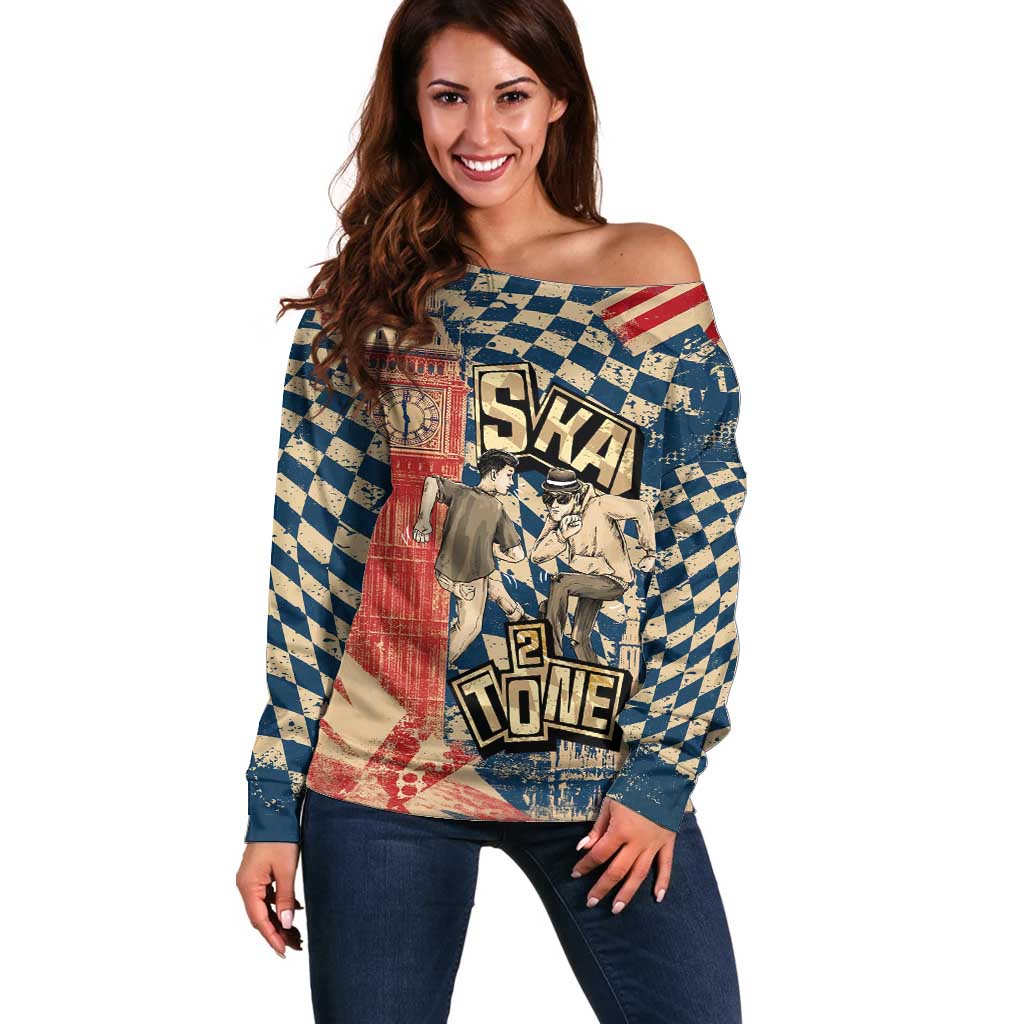 Ska 2 Tone Off Shoulder Sweater Big Ben Dance Two Tone Blue Checkerboard - Wonder Print Shop