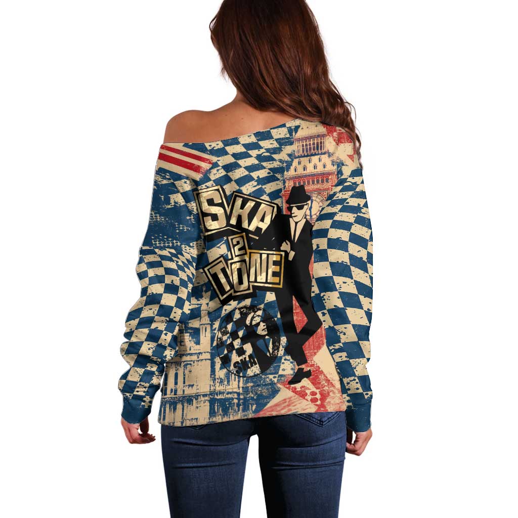 Ska 2 Tone Off Shoulder Sweater Big Ben Dance Two Tone Blue Checkerboard - Wonder Print Shop