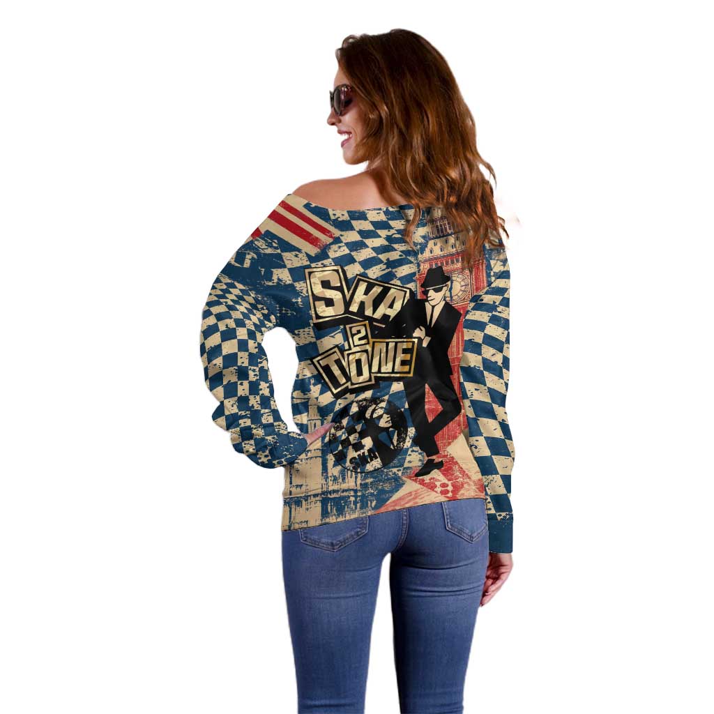 Ska 2 Tone Off Shoulder Sweater Big Ben Dance Two Tone Blue Checkerboard - Wonder Print Shop